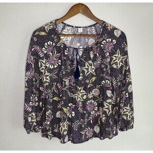 Old Navy Women’s Small Floral Boho Cottage Long Sleeve Tassel Navy Blue Top